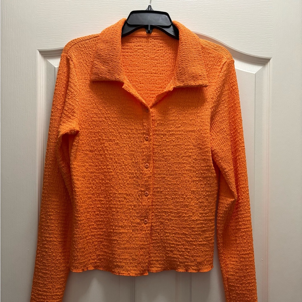 Orange Textured Short Sleeve Blouse – Women’s Size Large Lightweight Top